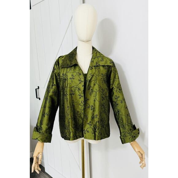 Caroline Rose Size Xs 2 Piece Set Jacket & Tank Top Green Raw Silk Embroidered - Picture 1 of 16